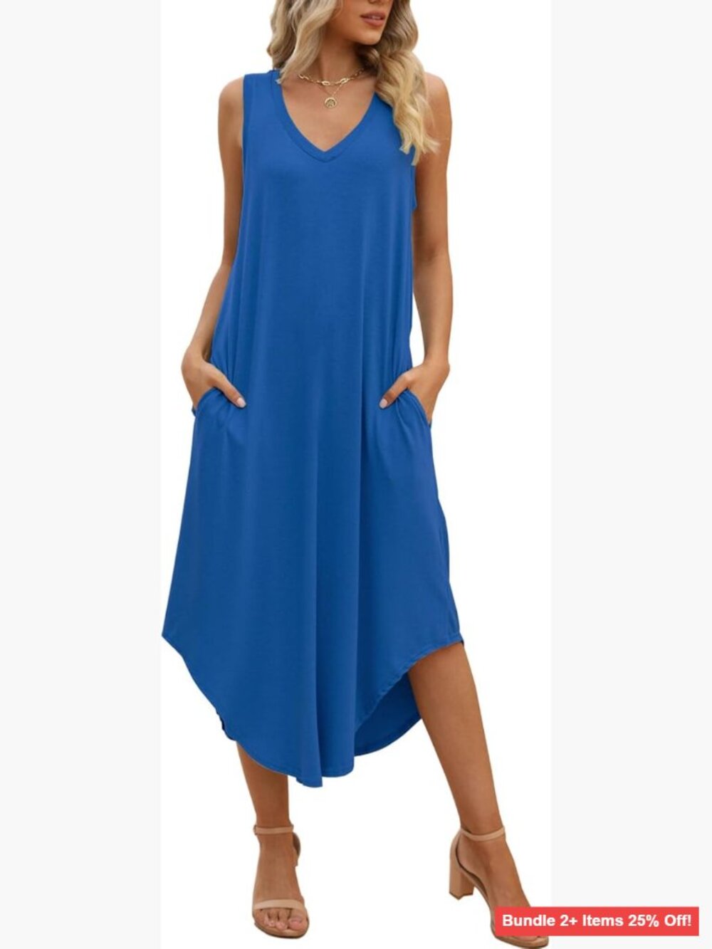 Sleeveless Maxi Dress with Pockets, V-Neck, Casual Summer Midi